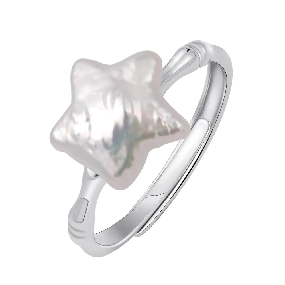 Pearl Ring for women Baroque pearl Ring sterling silver Rings Star Shape Dainty Pearl Ring Opening Adjustable ring Jewelry Anniversary Gift for wedding Birthday Gifts for Women Girls