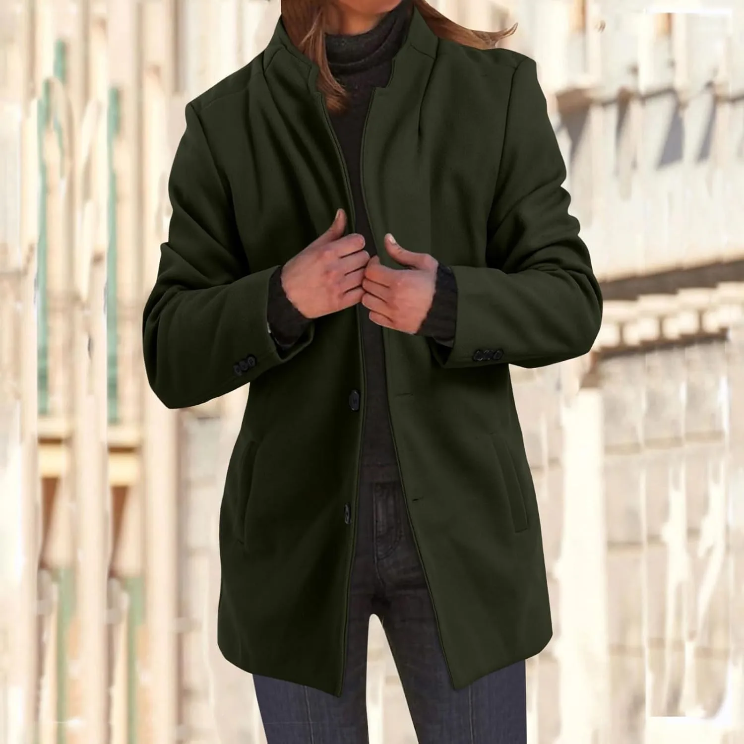 PeQAQ Women's Elegant Blazers Single Breasted Coat Winter Long Sleeve Mid Woolen Overcoat Work Office Pea Jackets Overcoats