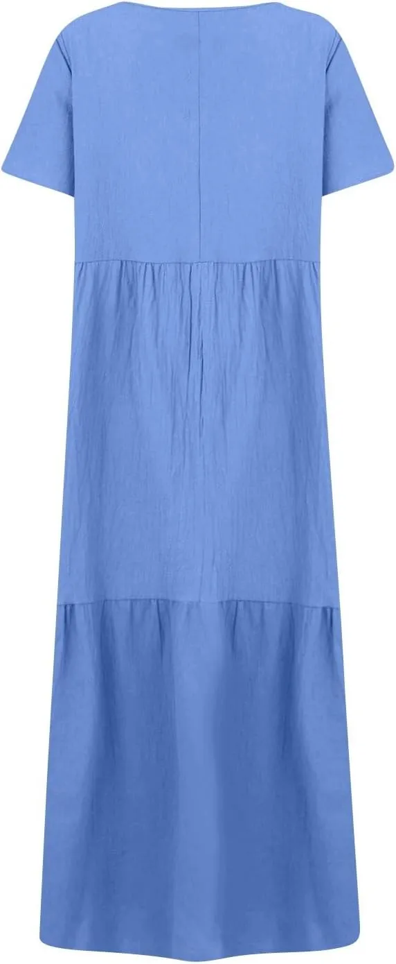 Plus Size Maxi Dresses for Curvy Women Summer Linen Dress Short Sleeve V Neck Long Sundress Flowy Beach Dress