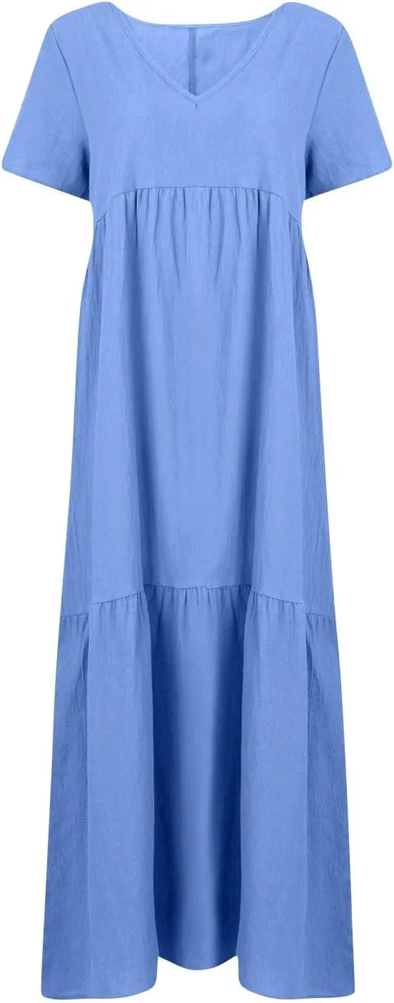 Plus Size Maxi Dresses for Curvy Women Summer Linen Dress Short Sleeve V Neck Long Sundress Flowy Beach Dress