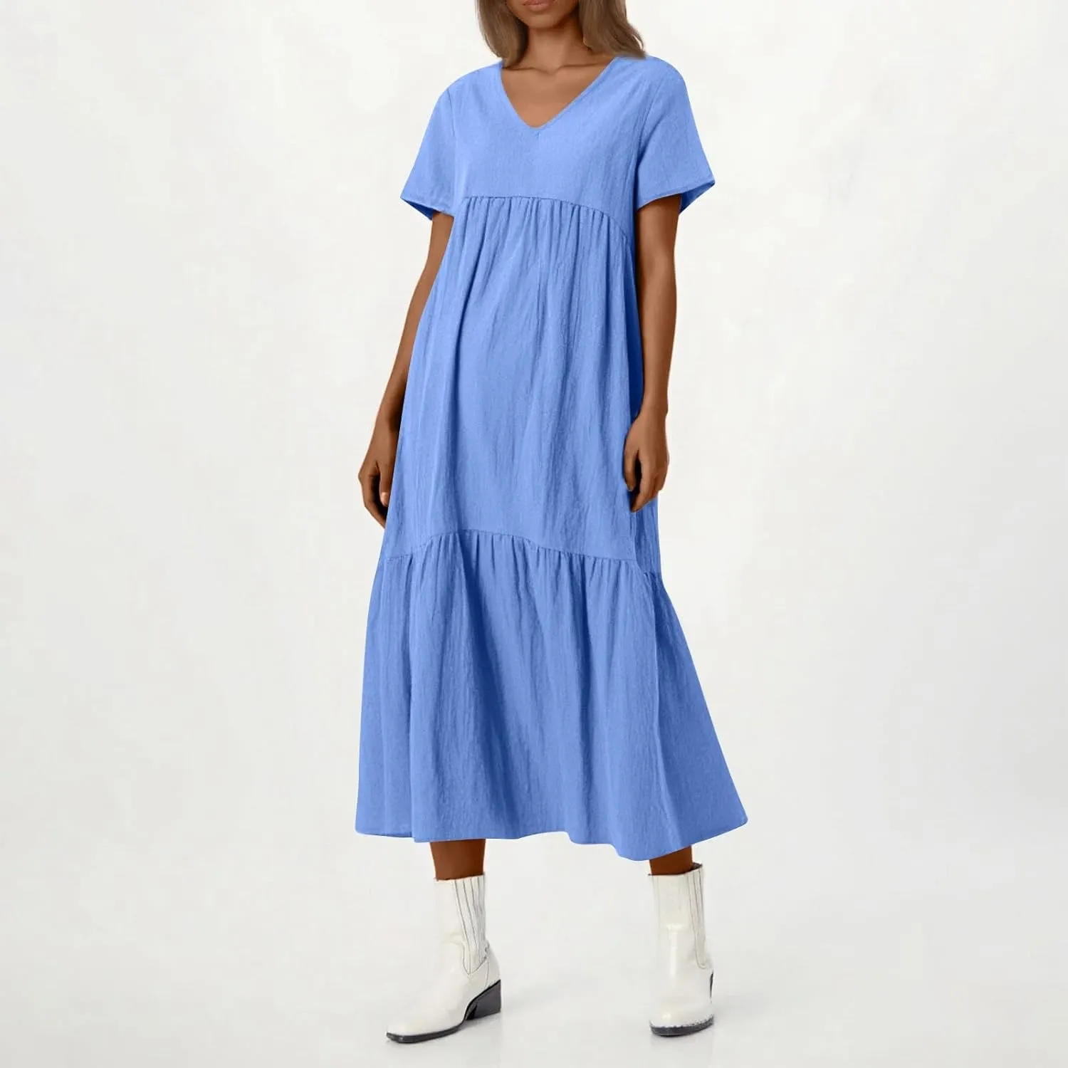 Plus Size Maxi Dresses for Curvy Women Summer Linen Dress Short Sleeve V Neck Long Sundress Flowy Beach Dress