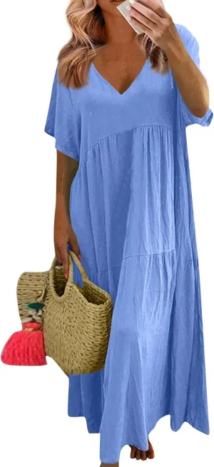 Plus Size Maxi Dresses for Curvy Women Summer Linen Dress Short Sleeve V Neck Long Sundress Flowy Beach Dress
