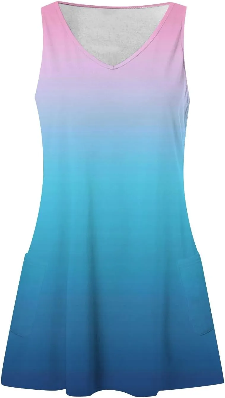 Plus Size Sundresses for Women 2025 Short Casual V Neck Sleeveless Tank Dress with Pockets Summer Comfy Boho Beach Dress