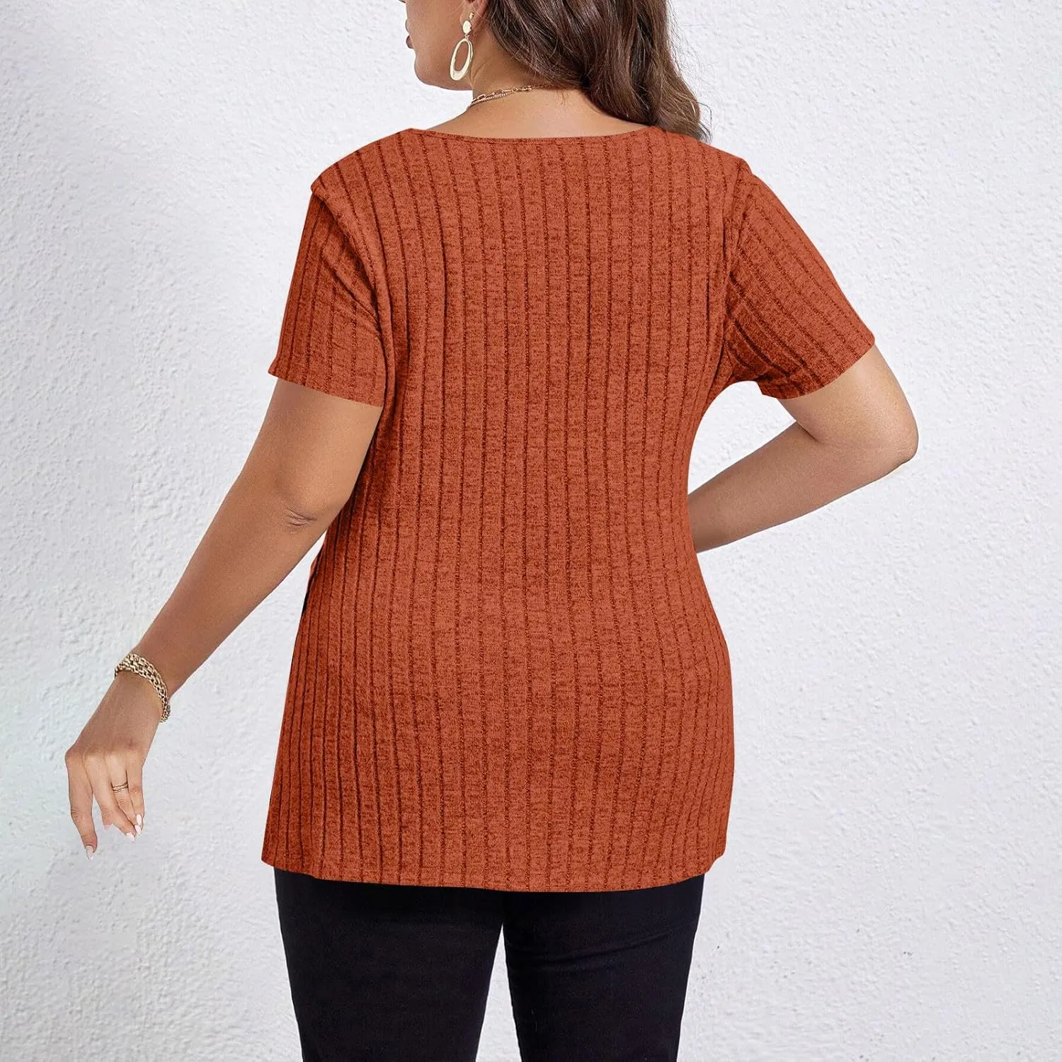 Plus Size Tee Shirt for Women Ribbed Knit V Neck Short Sleeve Side Split Blouse Summer Casual Loose Tee Shirts