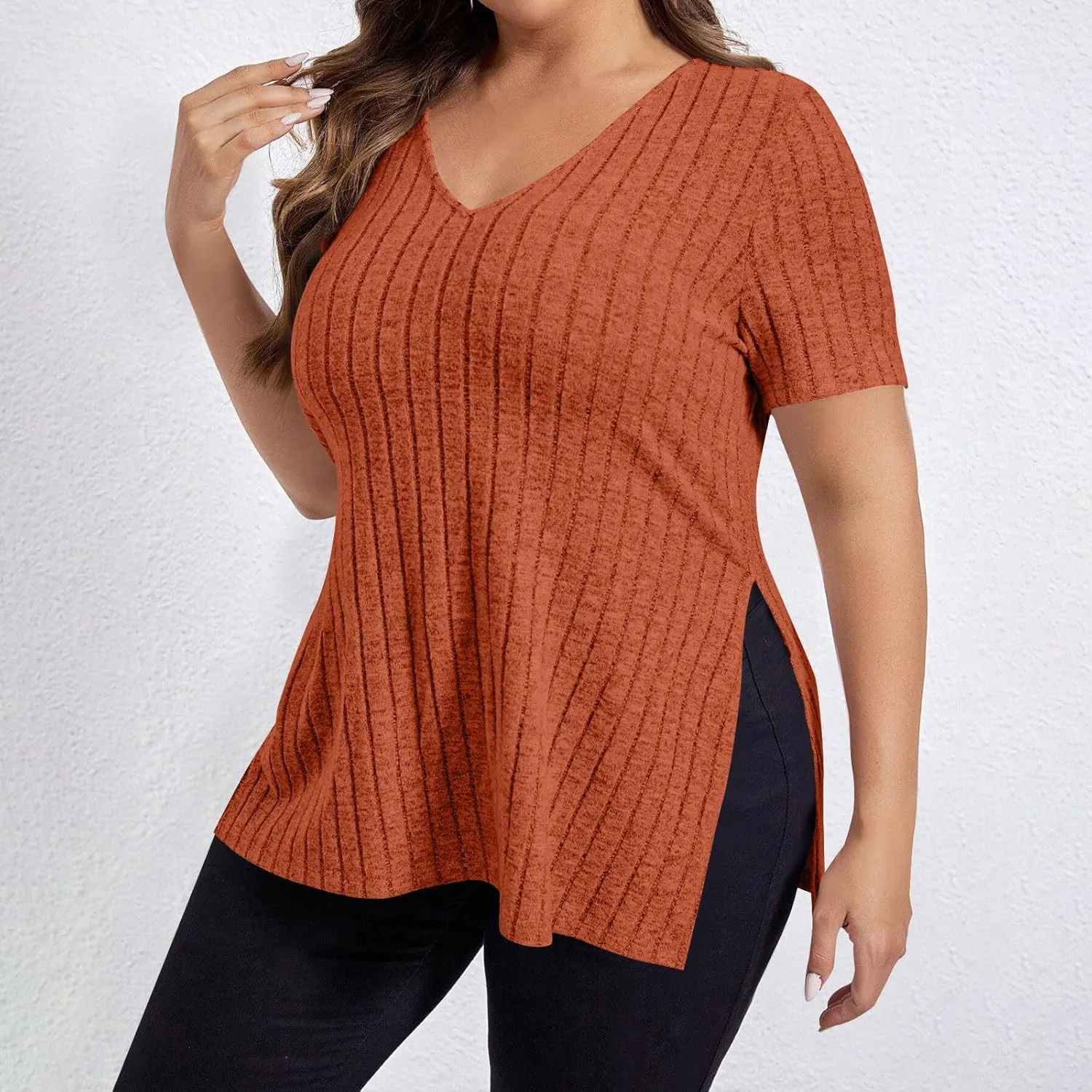 Plus Size Tee Shirt for Women Ribbed Knit V Neck Short Sleeve Side Split Blouse Summer Casual Loose Tee Shirts