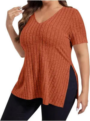 Plus Size Tee Shirt for Women Ribbed Knit V Neck Short Sleeve Side Split Blouse Summer Casual Loose Tee Shirts