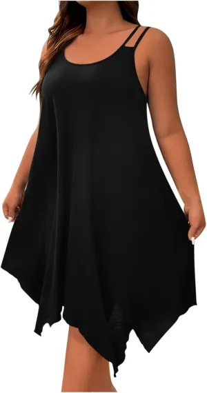 Plus Size Women Irregular Flowy Sundress Sleeveless Spaghetti Strap Midi Dress Summer Hi Low Swing Aline Dresses