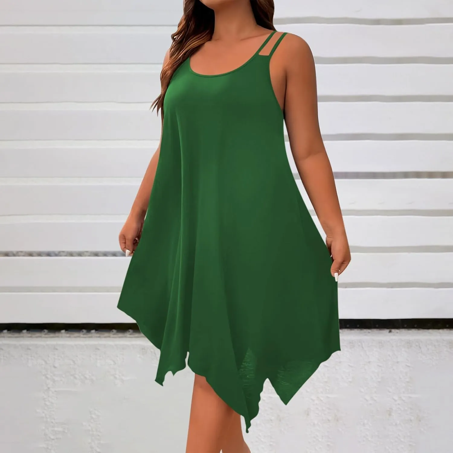 Plus Size Women Irregular Flowy Sundress Sleeveless Spaghetti Strap Midi Dress Summer Hi Low Swing Aline Dresses