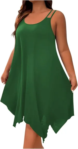 Plus Size Women Irregular Flowy Sundress Sleeveless Spaghetti Strap Midi Dress Summer Hi Low Swing Aline Dresses