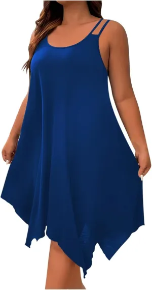 Plus Size Women Irregular Flowy Sundress Sleeveless Spaghetti Strap Midi Dress Summer Hi Low Swing Aline Dresses