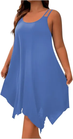 Plus Size Women Irregular Flowy Sundress Sleeveless Spaghetti Strap Midi Dress Summer Hi Low Swing Aline Dresses