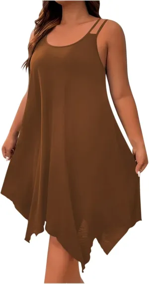 Plus Size Women Irregular Flowy Sundress Sleeveless Spaghetti Strap Midi Dress Summer Hi Low Swing Aline Dresses