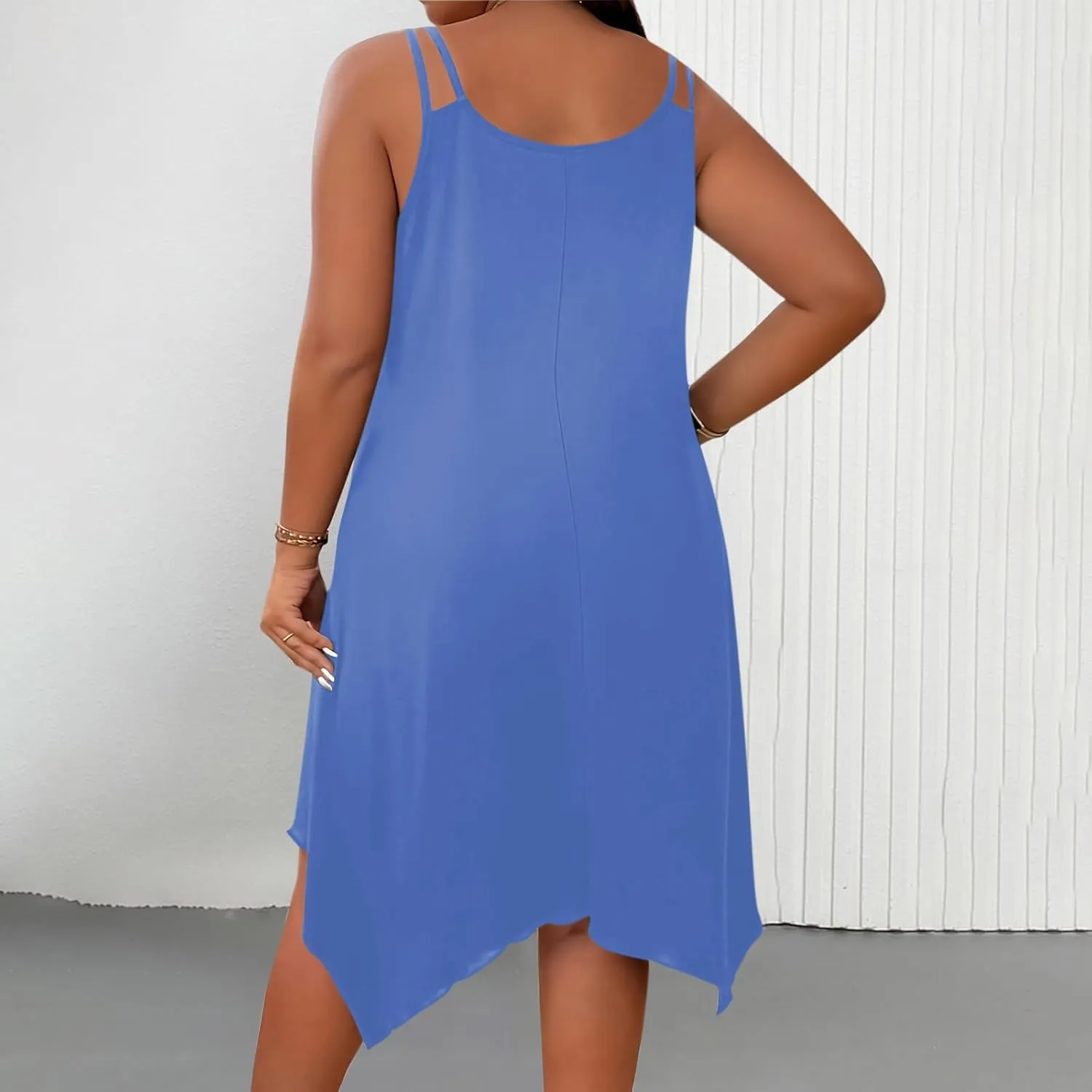 Plus Size Women Irregular Flowy Sundress Sleeveless Spaghetti Strap Midi Dress Summer Hi Low Swing Aline Dresses