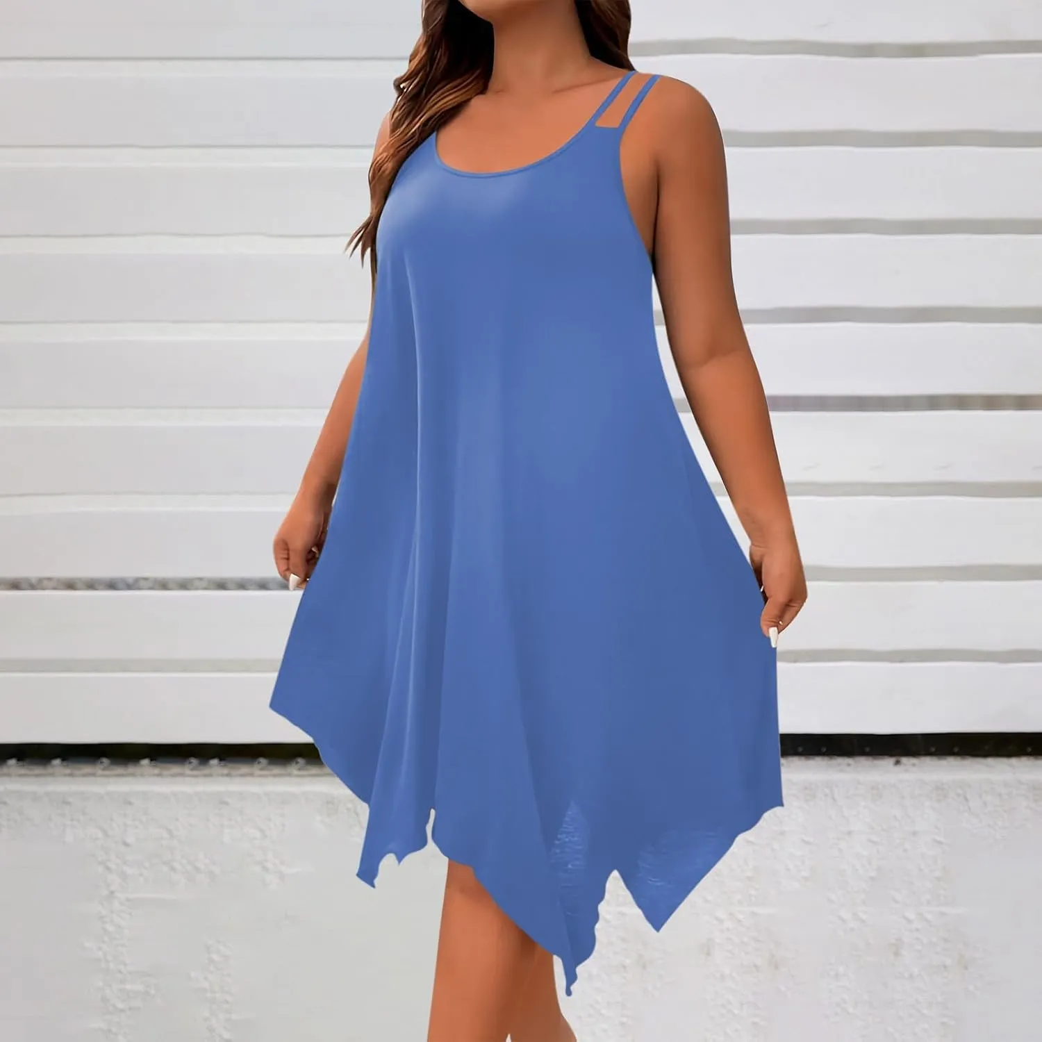 Plus Size Women Irregular Flowy Sundress Sleeveless Spaghetti Strap Midi Dress Summer Hi Low Swing Aline Dresses