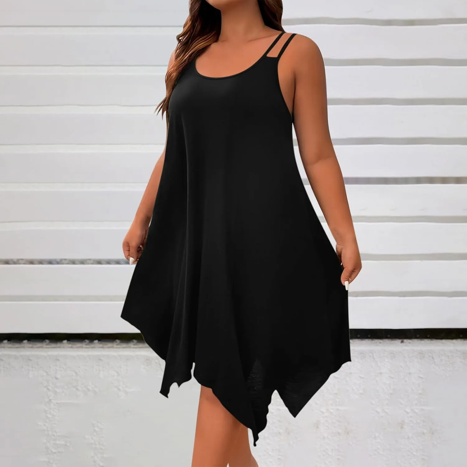 Plus Size Women Irregular Flowy Sundress Sleeveless Spaghetti Strap Midi Dress Summer Hi Low Swing Aline Dresses