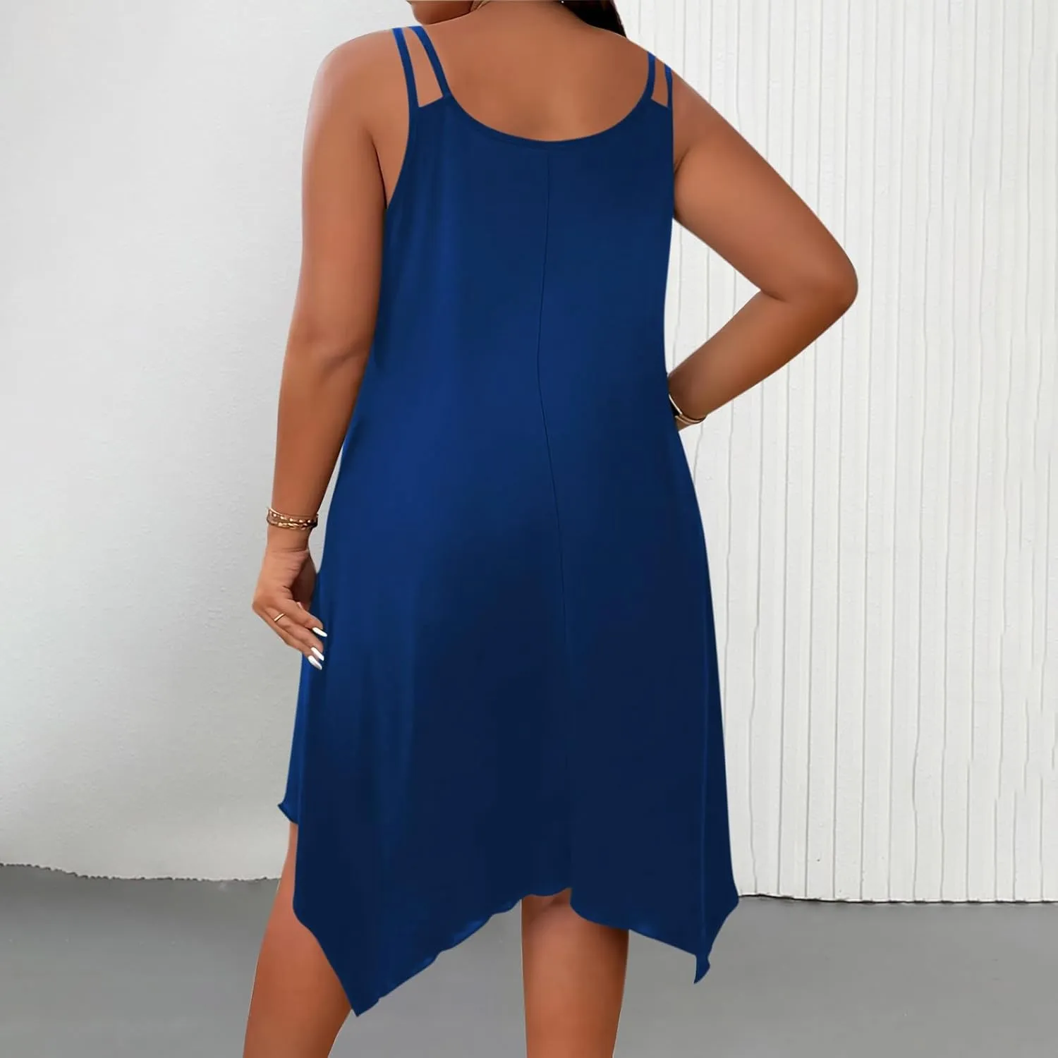 Plus Size Women Irregular Flowy Sundress Sleeveless Spaghetti Strap Midi Dress Summer Hi Low Swing Aline Dresses