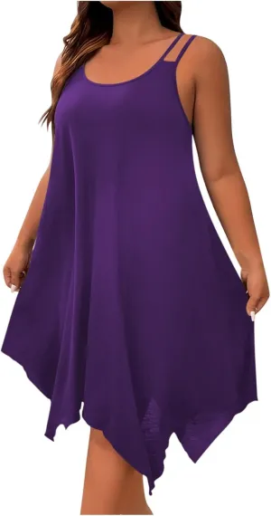 Plus Size Women Irregular Flowy Sundress Sleeveless Spaghetti Strap Midi Dress Summer Hi Low Swing Aline Dresses
