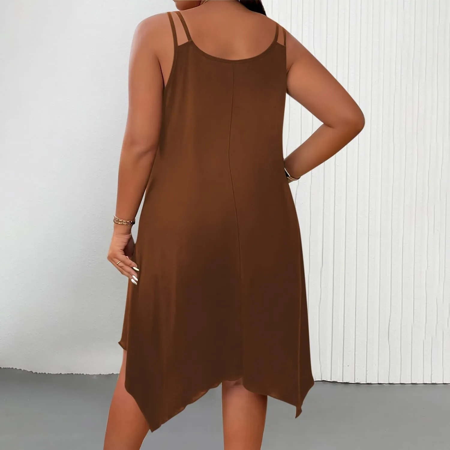 Plus Size Women Irregular Flowy Sundress Sleeveless Spaghetti Strap Midi Dress Summer Hi Low Swing Aline Dresses
