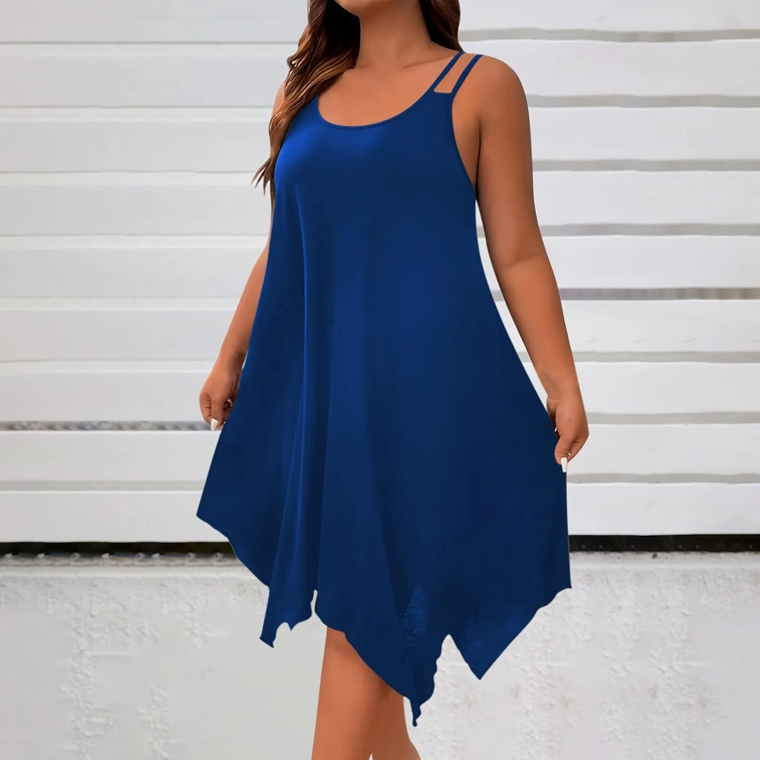 Plus Size Women Irregular Flowy Sundress Sleeveless Spaghetti Strap Midi Dress Summer Hi Low Swing Aline Dresses