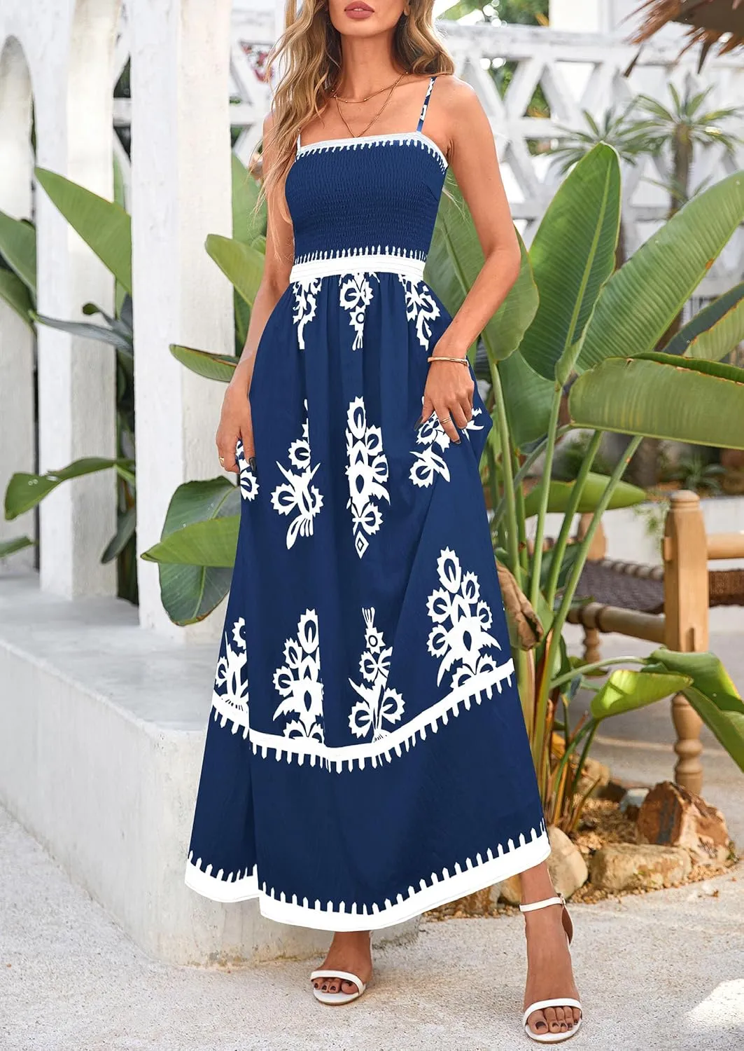PRETTYGARDEN Summer Dress for Women 2025 Floral Sundress Spaghetti Strap Flowy Beach Vacation Boho Maxi Dresses
