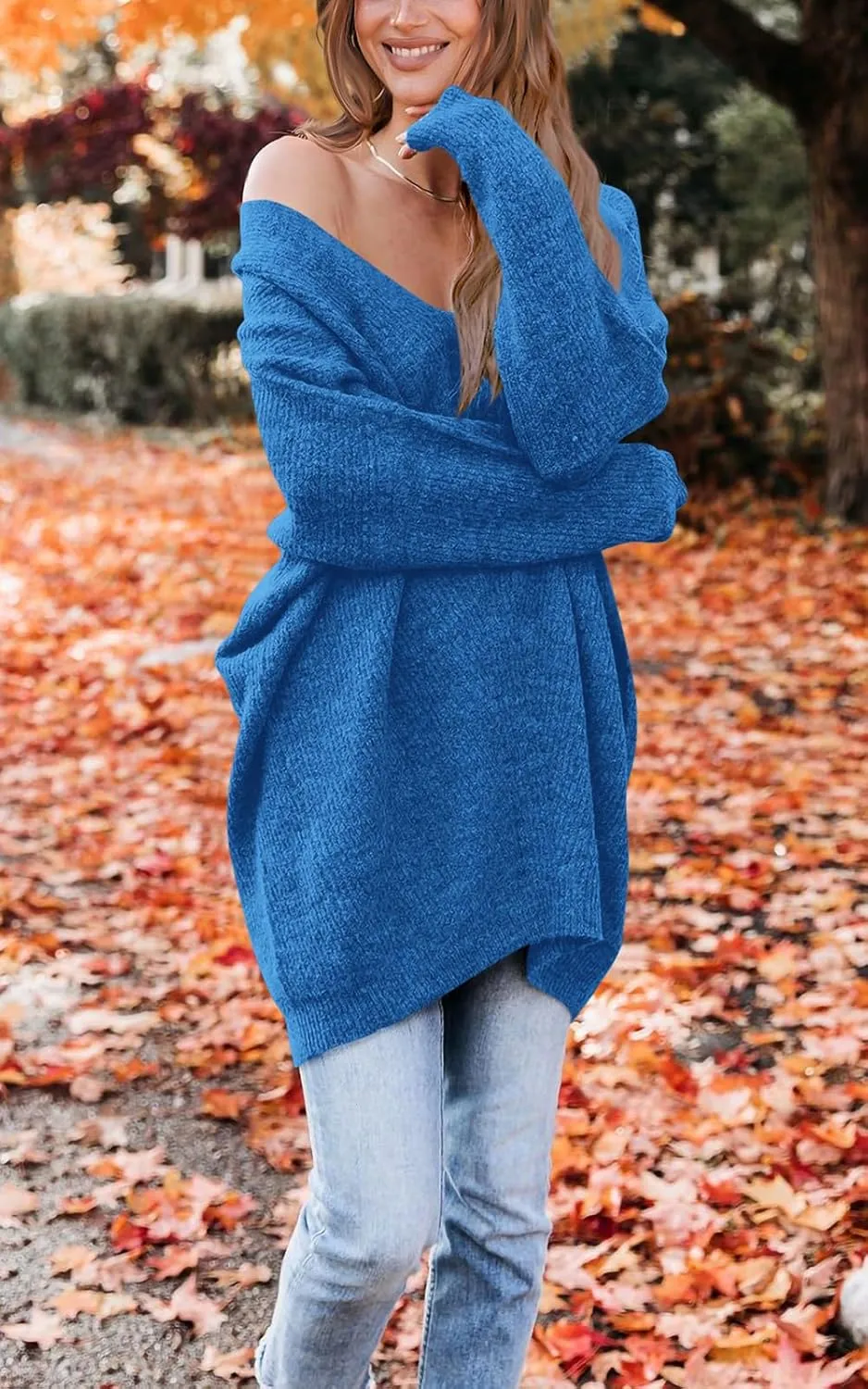 PRETTYGARDEN Women's Pullover Sweater Dress Casual Long Sleeve Ribbed Knit V Neck Loose Oversized Sweaters Dresses