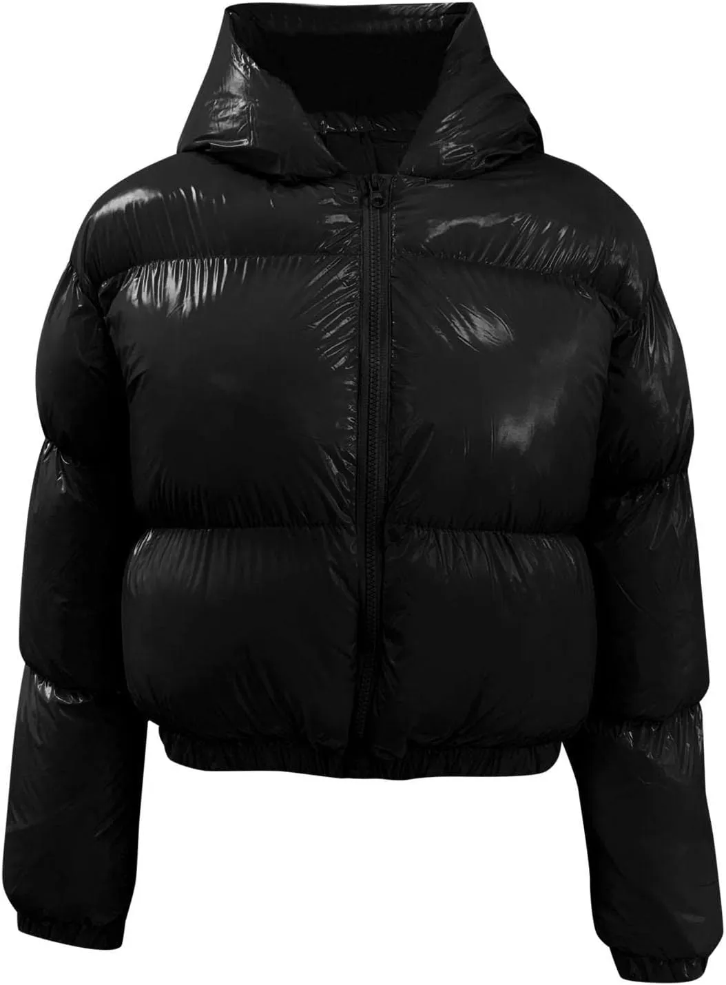 Puffer Jacket for Women Long Sleeve Y2K Full Zip Up Plain Shiny Short Hooded Down Coat Trendy Windproof Dowm Jacket Stand-up