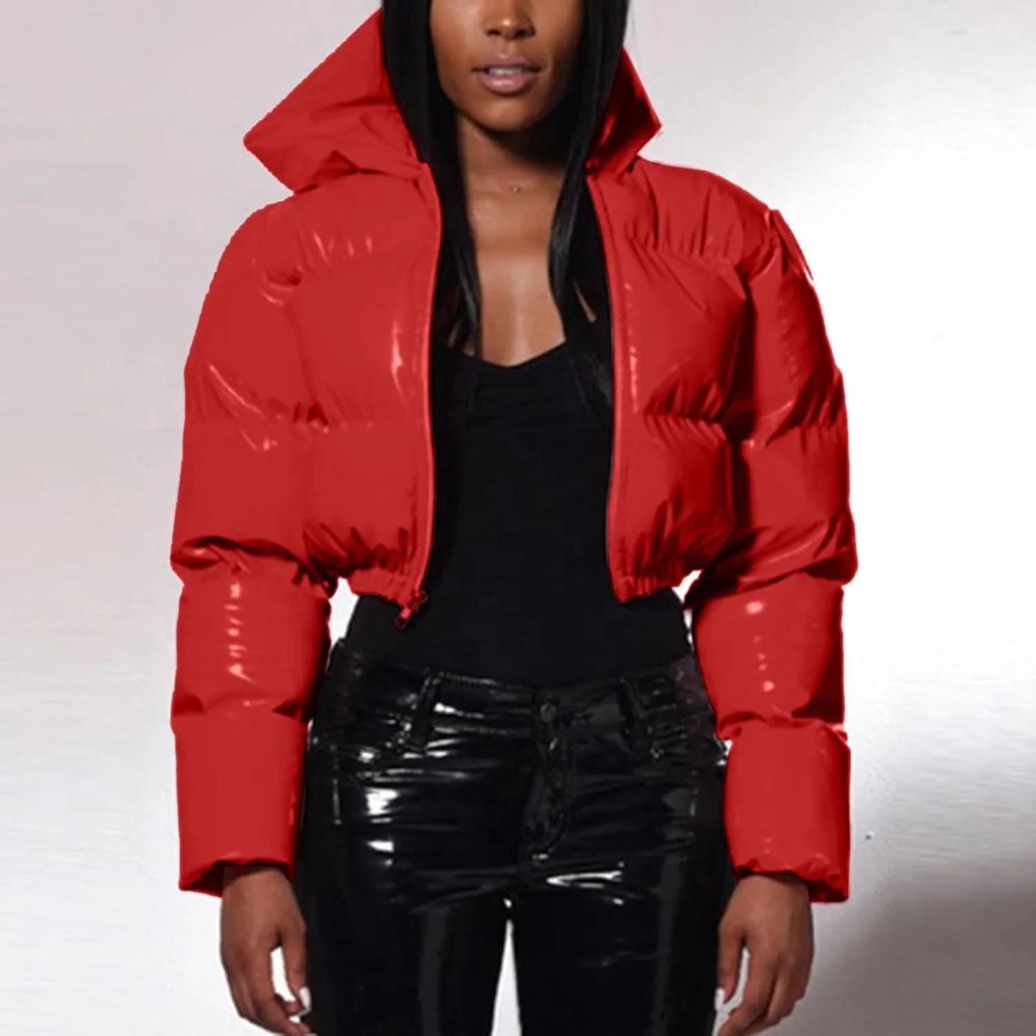 Puffer Jacket for Women Long Sleeve Y2K Full Zip Up Plain Shiny Short Hooded Down Coat Trendy Windproof Dowm Jacket Stand-up