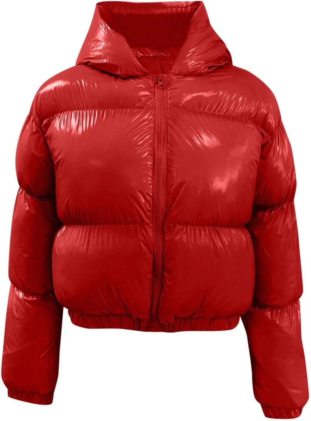 Puffer Jacket for Women Long Sleeve Y2K Full Zip Up Plain Shiny Short Hooded Down Coat Trendy Windproof Dowm Jacket Stand-up
