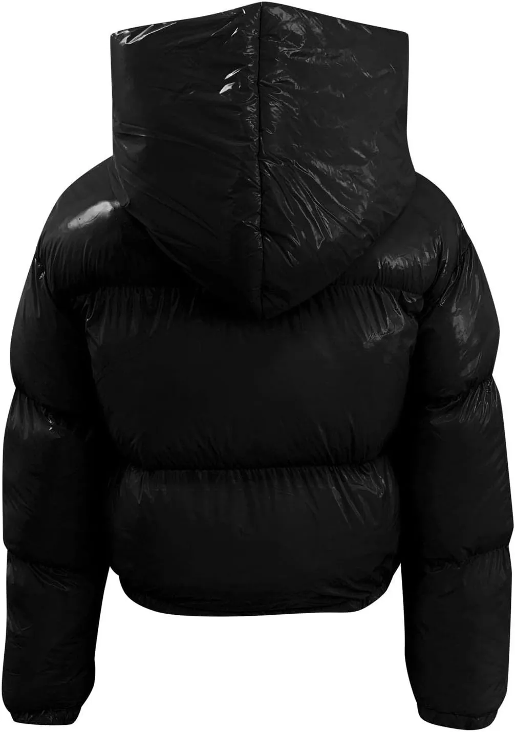 Puffer Jacket for Women Long Sleeve Y2K Full Zip Up Plain Shiny Short Hooded Down Coat Trendy Windproof Dowm Jacket Stand-up