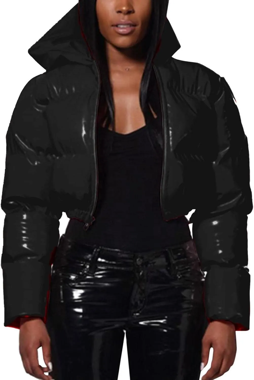Puffer Jacket for Women Long Sleeve Y2K Full Zip Up Plain Shiny Short Hooded Down Coat Trendy Windproof Dowm Jacket Stand-up