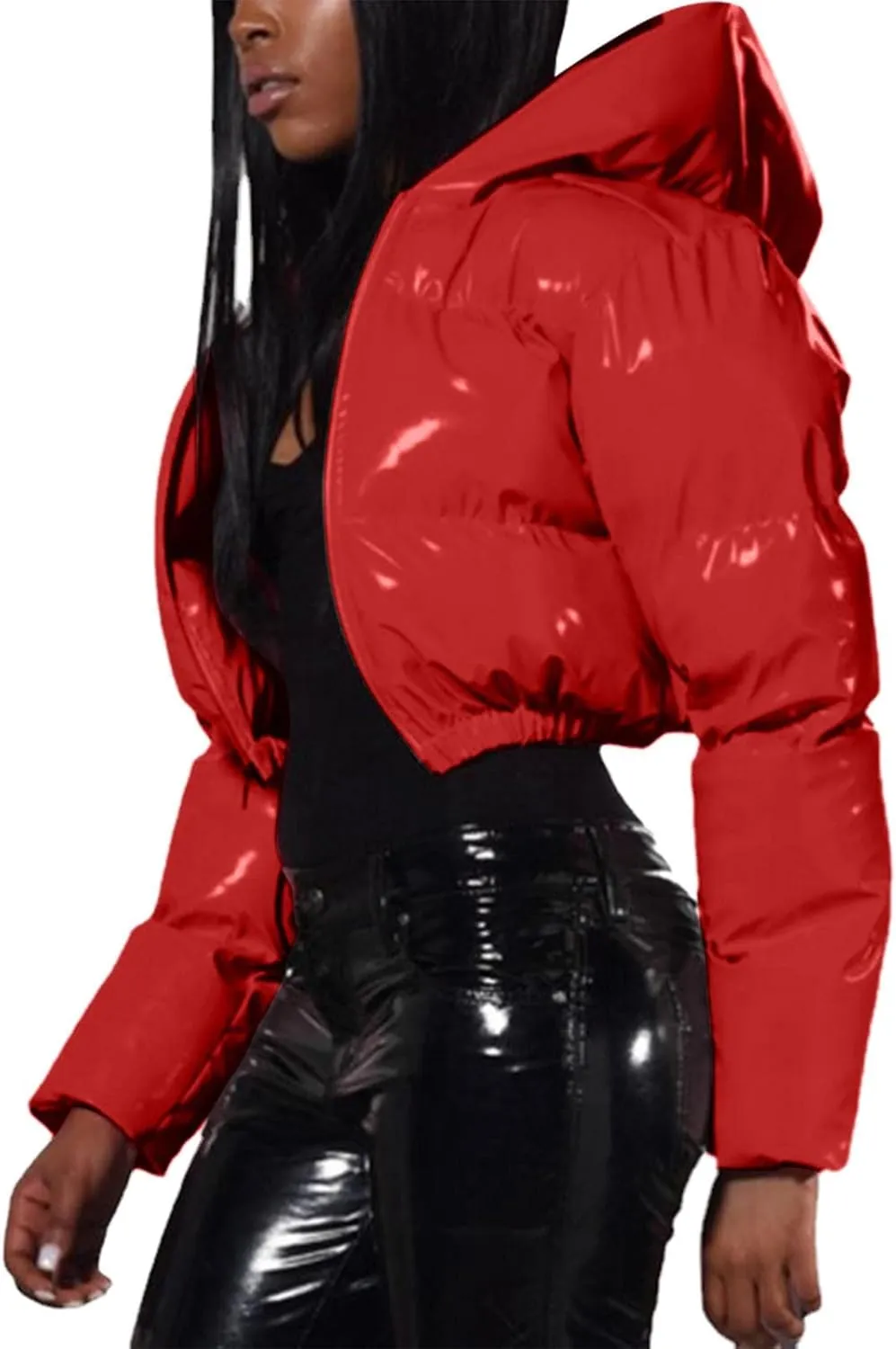 Puffer Jacket for Women Long Sleeve Y2K Full Zip Up Plain Shiny Short Hooded Down Coat Trendy Windproof Dowm Jacket Stand-up