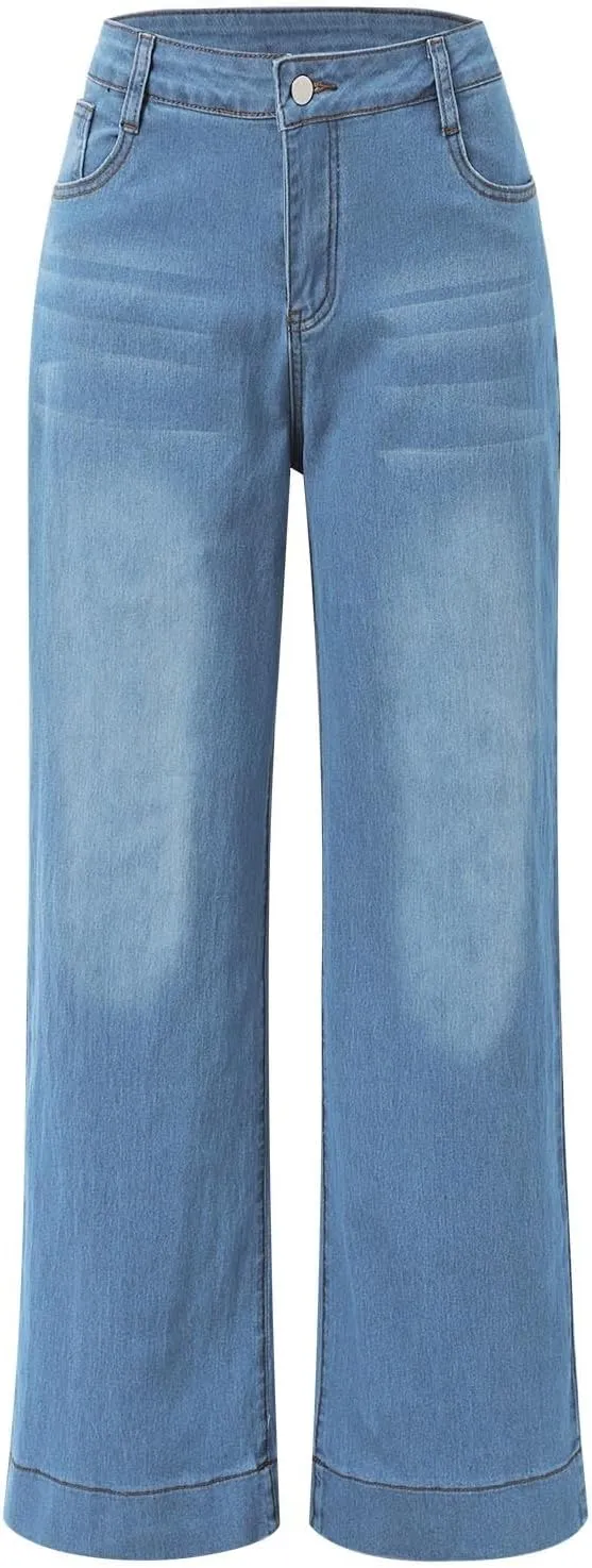 Pull on Wide Leg Jeans for Women, Trendy Straight Leg Jeans Denim Pants High Waisted Stretchy Baggy