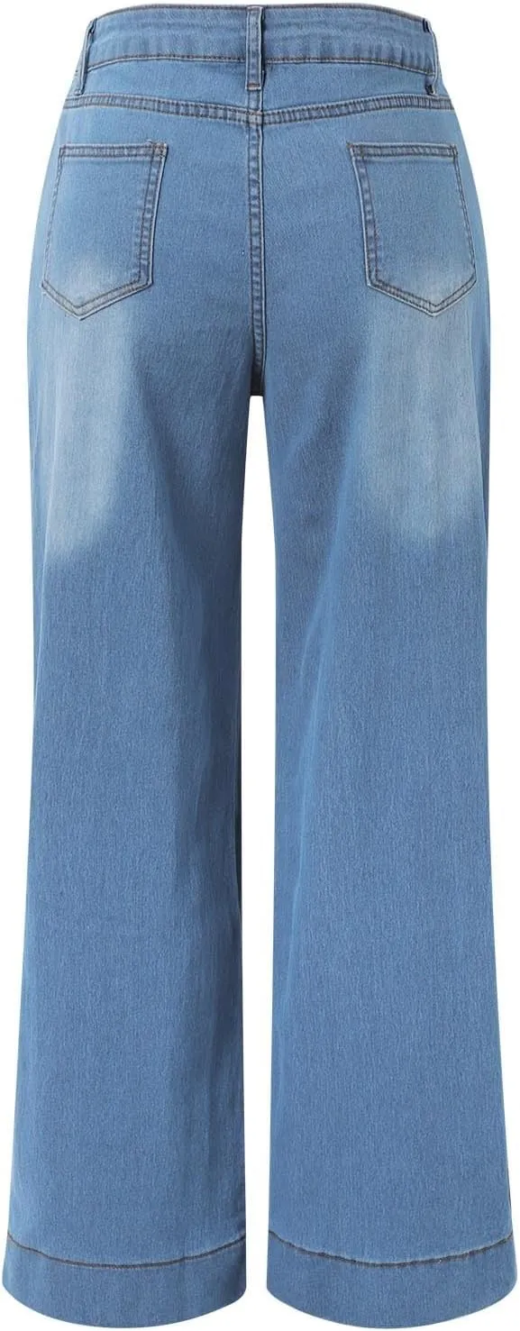 Pull on Wide Leg Jeans for Women, Trendy Straight Leg Jeans Denim Pants High Waisted Stretchy Baggy