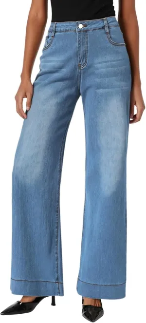 Pull on Wide Leg Jeans for Women, Trendy Straight Leg Jeans Denim Pants High Waisted Stretchy Baggy