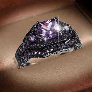 Purple Princess Cut Cushion CZ Cubic Zirconia Crystal Women Wedding Ring Band for Women Bridal Sets Gothic Rings