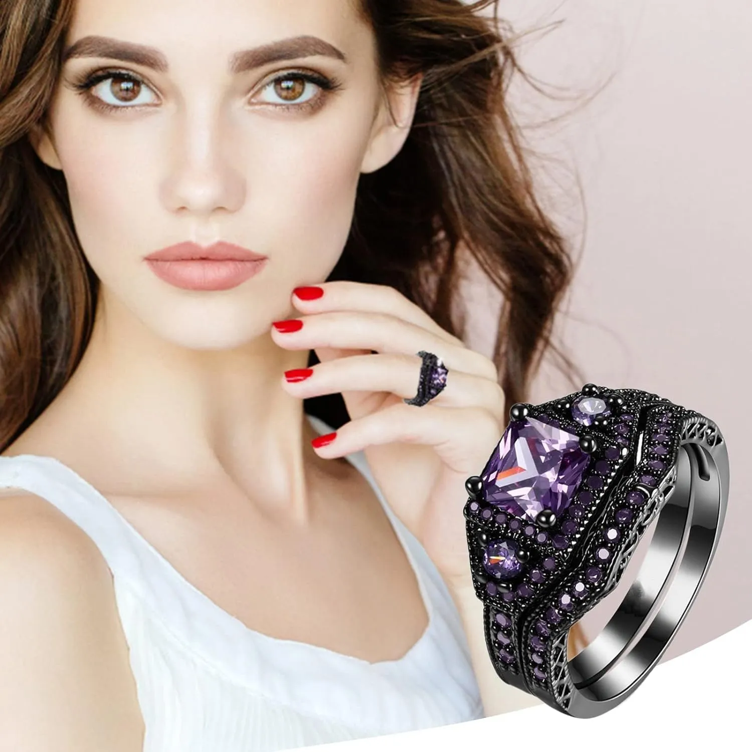 Purple Princess Cut Cushion CZ Cubic Zirconia Crystal Women Wedding Ring Band for Women Bridal Sets Gothic Rings