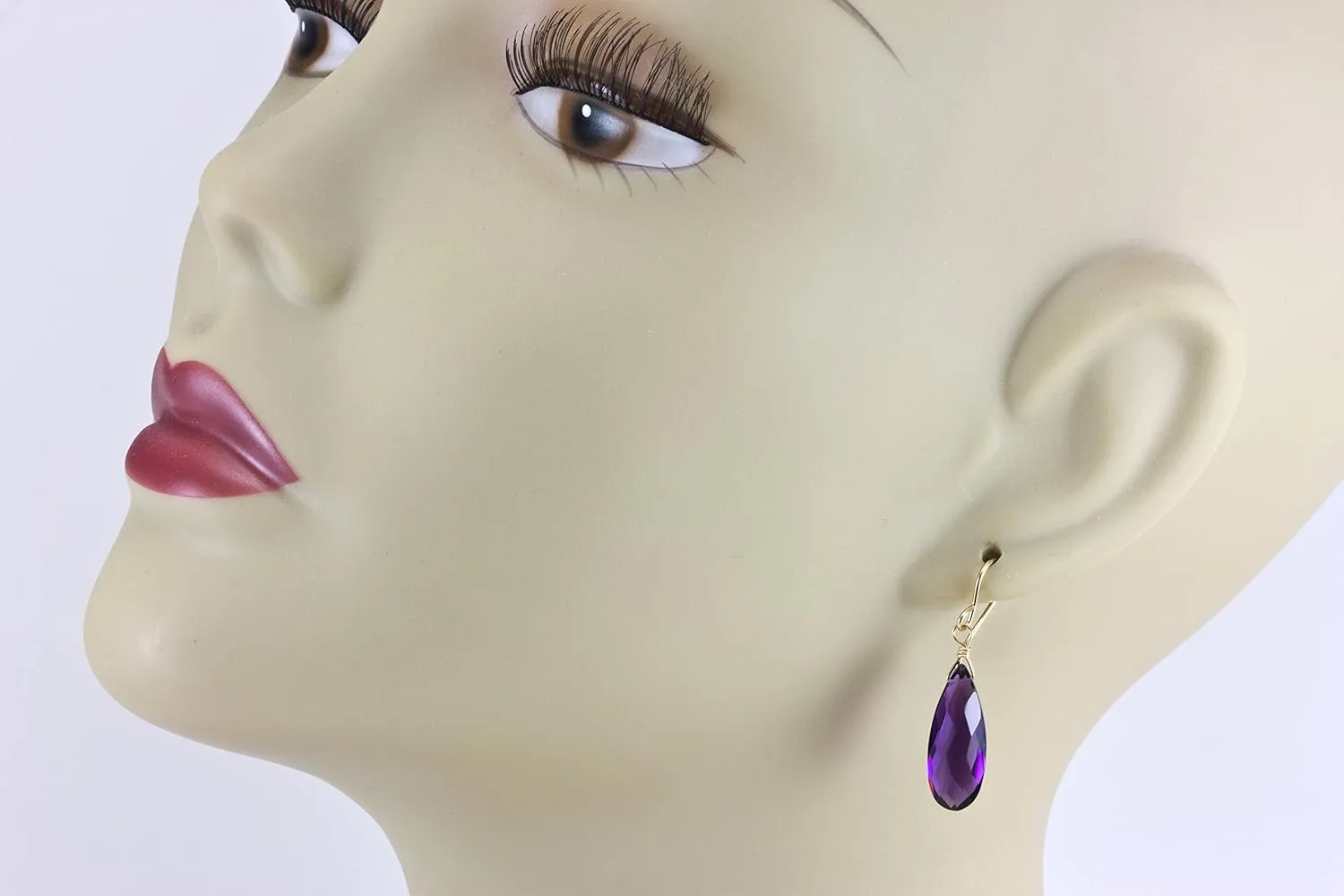 Purple Simulated Amethyst Earrings Long Faceted Dangles Narrow Simple Teardrops, 1.4"
