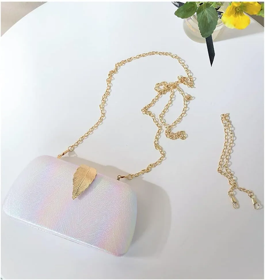 Rainbow Color Women Evening Bags Leaf Metal Golden Small Clutch PU Fashion Lady Handbags Purse Bags(D)