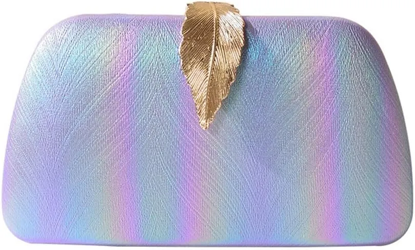 Rainbow Color Women Evening Bags Leaf Metal Golden Small Clutch PU Fashion Lady Handbags Purse Bags(D)
