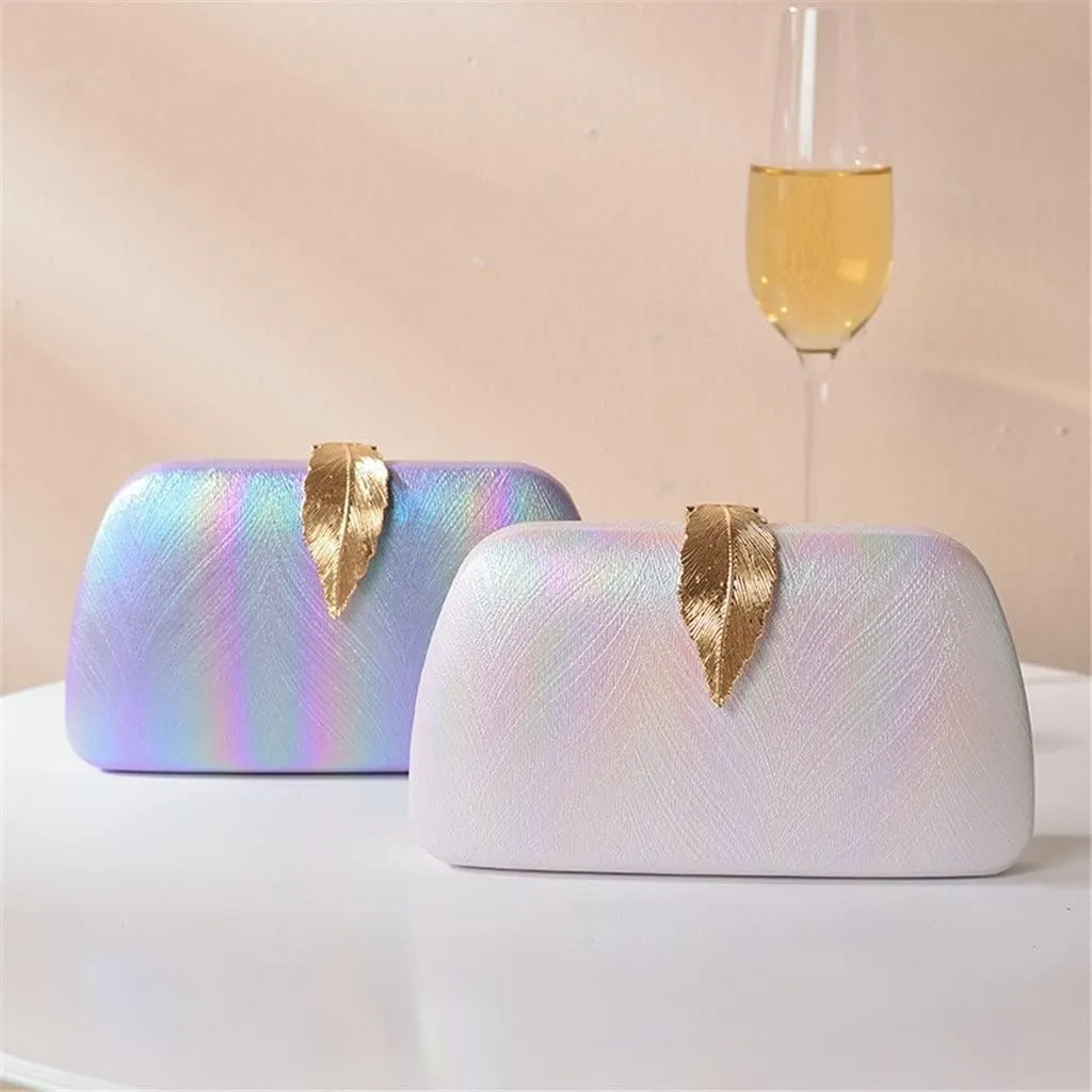 Rainbow Color Women Evening Bags Leaf Metal Golden Small Clutch PU Fashion Lady Handbags Purse Bags(D)