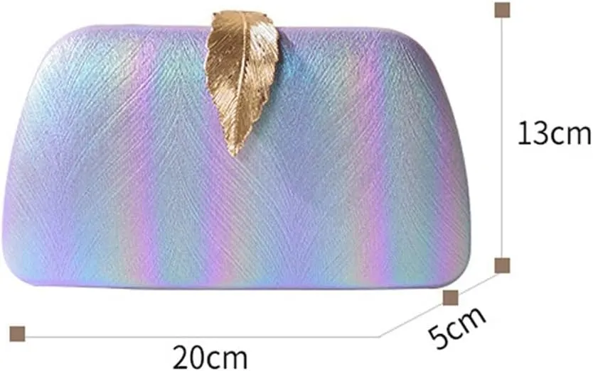 Rainbow Color Women Evening Bags Leaf Metal Golden Small Clutch PU Fashion Lady Handbags Purse Bags(D)