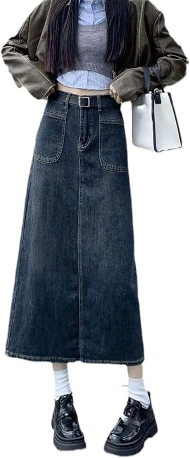 Retro High-Waisted Denim Skirt for Women, Medium-Length Half Skirt for Spring and Autumn