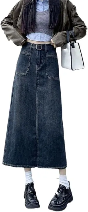 Retro High-Waisted Denim Skirt for Women, Medium-Length Half Skirt for Spring and Autumn