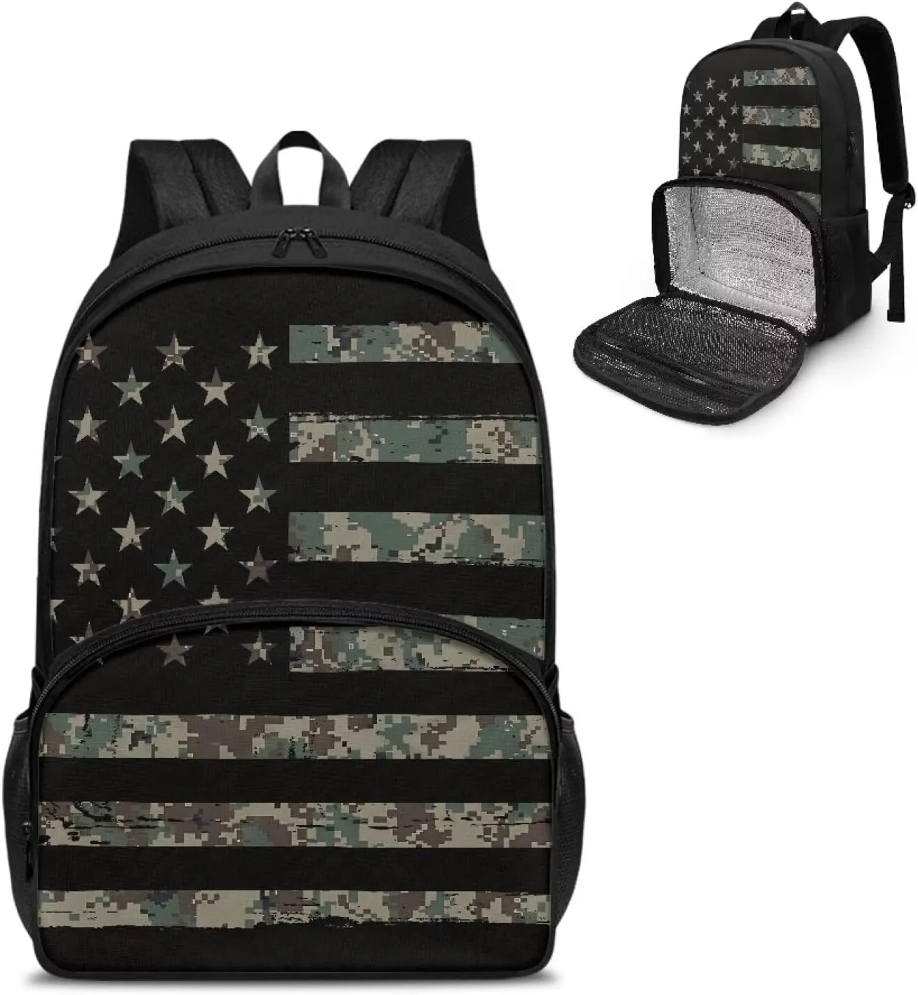 Rnyleeg Insulated Cooler Backpack Meal Prep Backpack Lunch Rucksack with Computer Compartment Laptop Backpack for Kids School Study American Flag Camo
