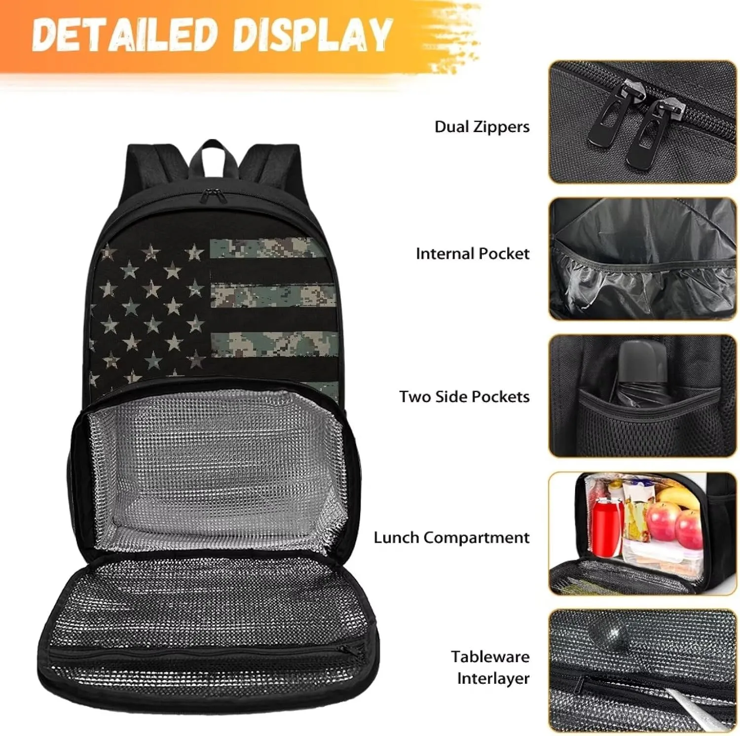 Rnyleeg Insulated Cooler Backpack Meal Prep Backpack Lunch Rucksack with Computer Compartment Laptop Backpack for Kids School Study American Flag Camo