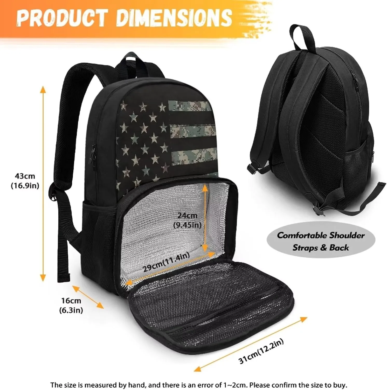 Rnyleeg Insulated Cooler Backpack Meal Prep Backpack Lunch Rucksack with Computer Compartment Laptop Backpack for Kids School Study American Flag Camo