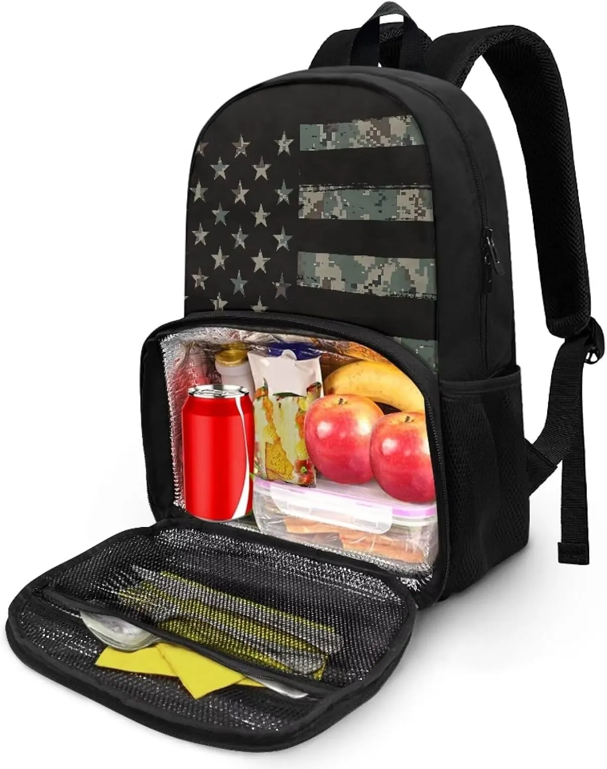 Rnyleeg Insulated Cooler Backpack Meal Prep Backpack Lunch Rucksack with Computer Compartment Laptop Backpack for Kids School Study American Flag Camo