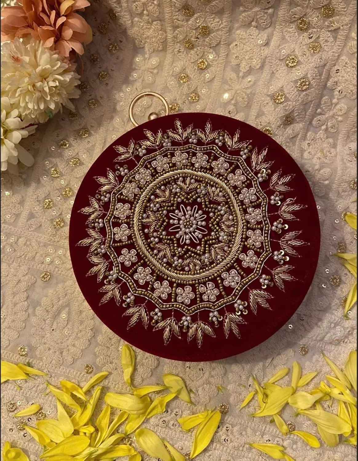 Round Mandala Clutch Bag for Women Floral Round Box Evening Bags Crossbody Shoulder handbags Flower Wedding Clutch Purse - Baby Pink