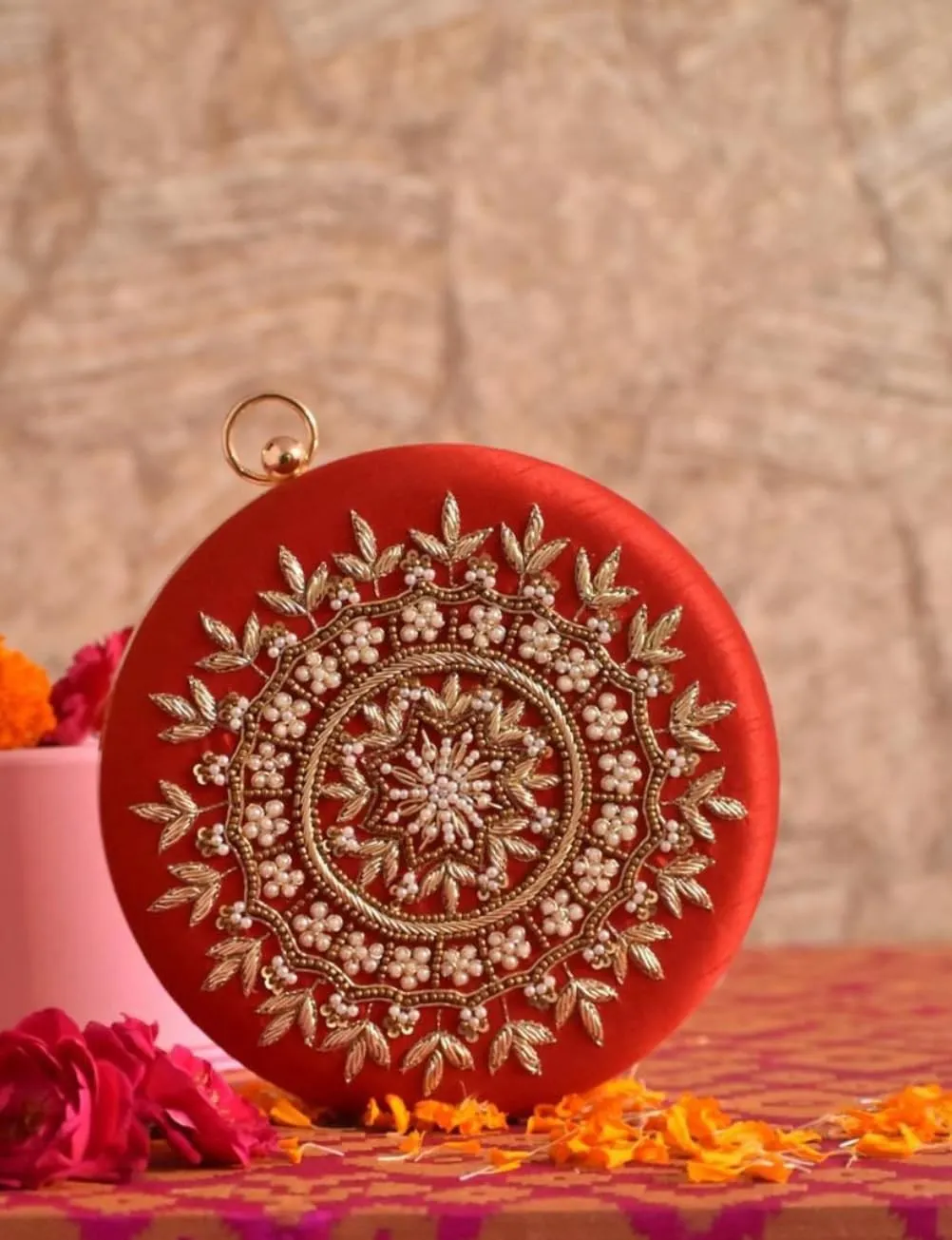 Round Mandala Clutch Bag for Women Floral Round Box Evening Bags Crossbody Shoulder handbags Flower Wedding Clutch Purse - Baby Pink