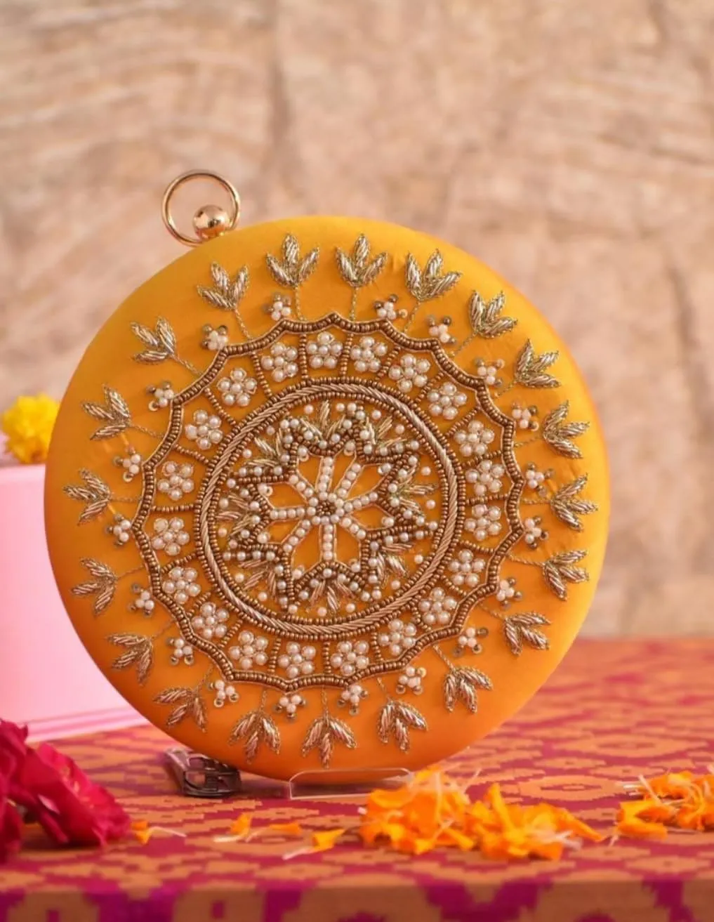 Round Mandala Clutch Bag for Women Floral Round Box Evening Bags Crossbody Shoulder handbags Flower Wedding Clutch Purse - Pink
